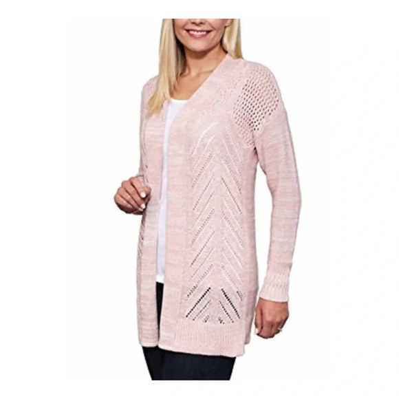 Leo & Nicole Marled Rib Trim Pointelle Cardigan pink women’s large open front - Picture 1 of 10